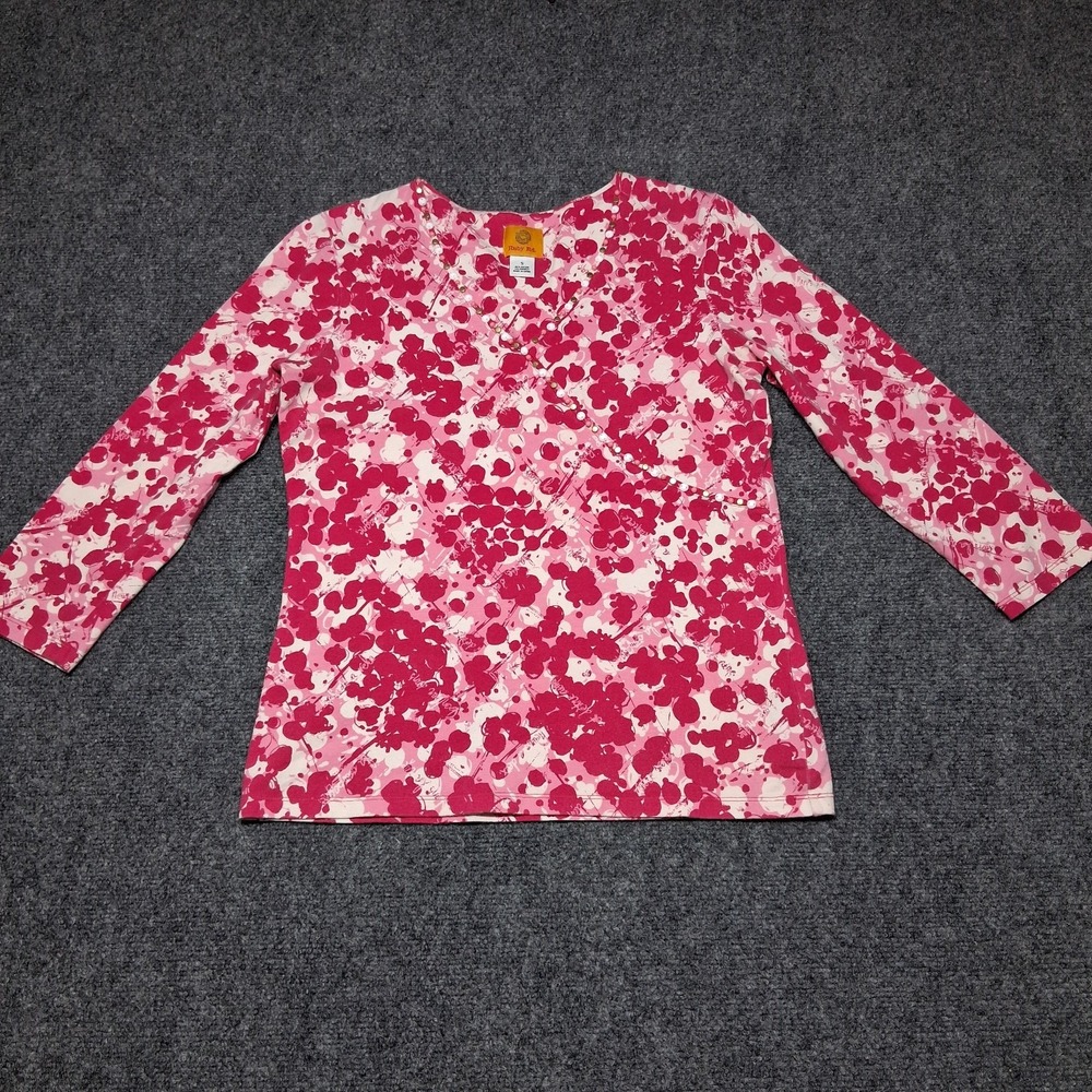 Ruby Rd Shirt Women‎ Size Small Pink Circles Beaded Neck Line 3/4 Sleeve Top
